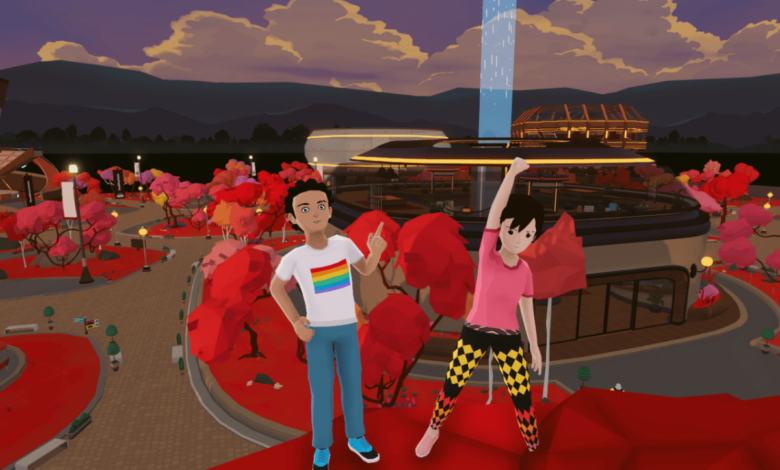 Two virtual avatars stand in front of an illuminated stadium, in support of the Decentraland Ugly Sweater Competition.